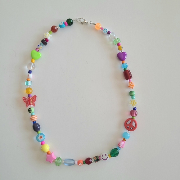 Vibrant Y2k Peace Sign Beaded Necklace - Picture 1 of 5